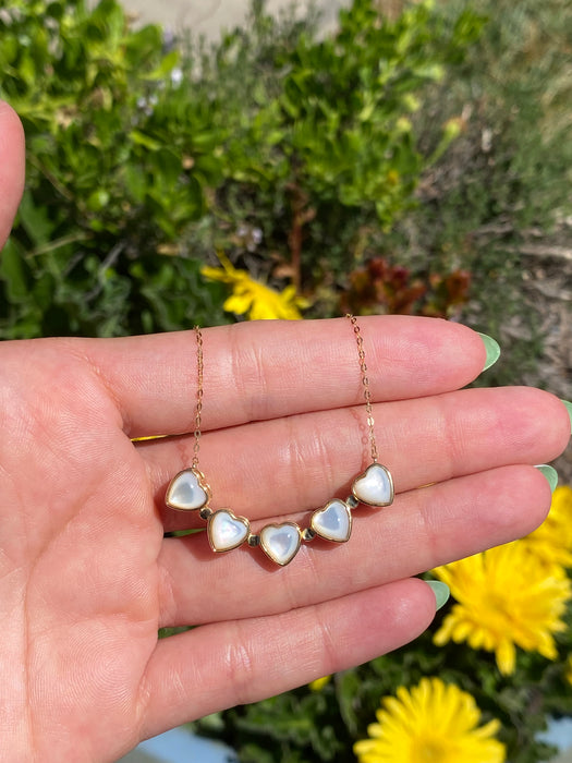 18k mother of pearl heart clover necklace