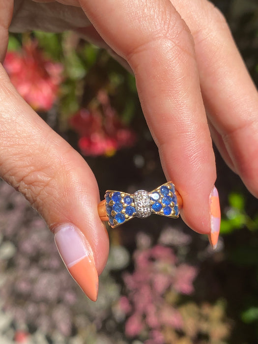 18k blue sapphire diamond bow ring size 6.5