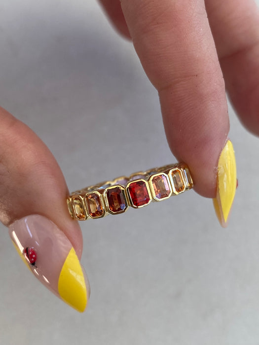 14K Gold 4.89 Carat Rainbow Sapphire Emerald Cut Eternity Ring Size 8