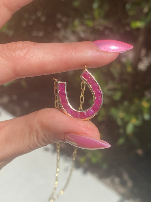 14k Gold Paperclip Necklace with Natural Ruby Horseshoe Charm – 2.08 TCW