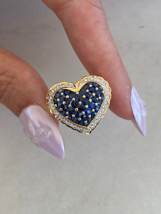 Vintage 18K Gold Blue Sapphire & Diamond Heart Ring