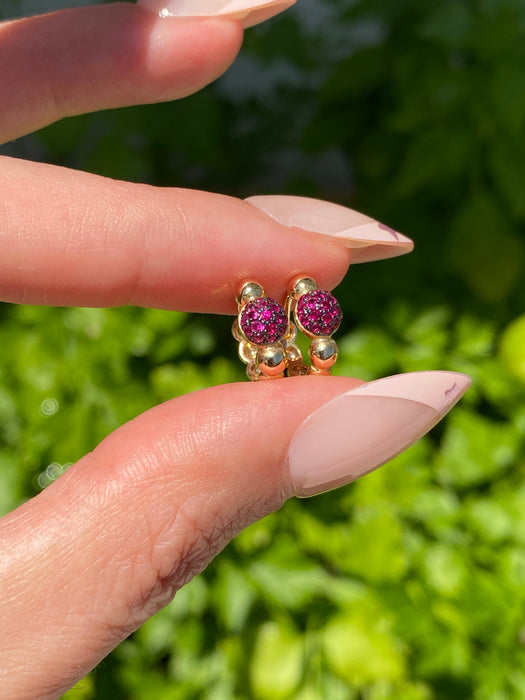 14K Gold Ruby Beaded Huggie Earrings