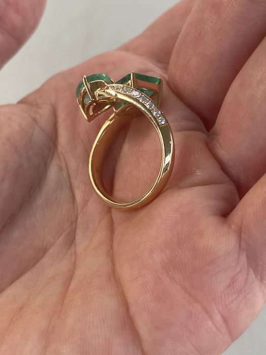 Vintage 3.77 TCW 18K Emerald & Diamond Bypass Ring