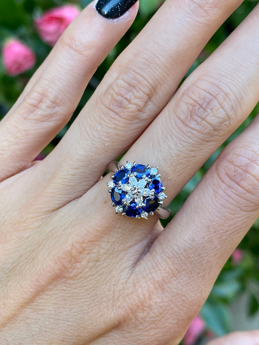 Platinum 850 blue sapphire diamond star snowflake ring size 6.5