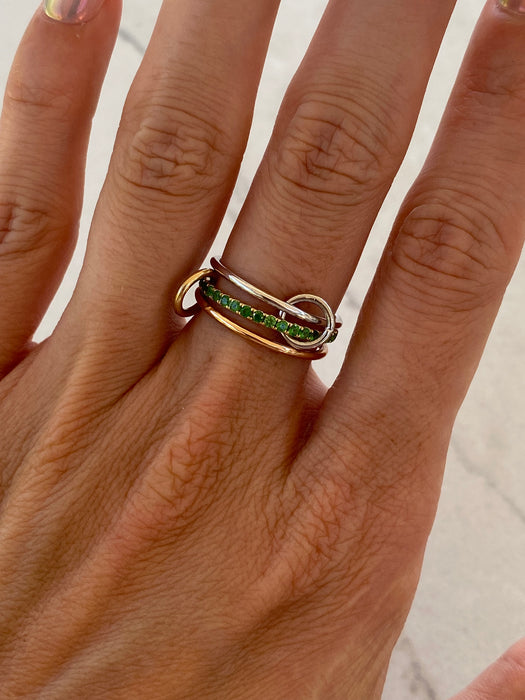 Mixed Metal Triple Band Ring – 18K Gold, Platinum 950 & Tsavorite Garnet Eternity Ring