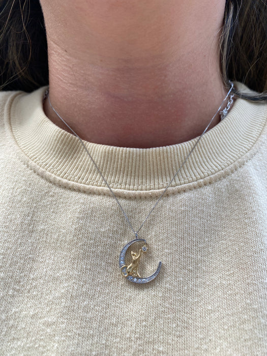 Vintage Platinum 900 & 18K Gold Diamond Crescent Moon & Cat Pendant – 0.23 CTW Natural Diamonds