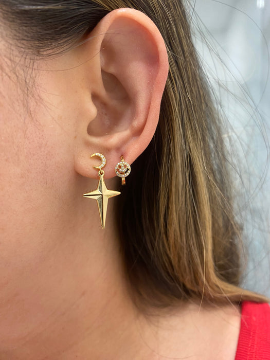 14k Gold Diamond Crescent Moon & Star Drop Earrings