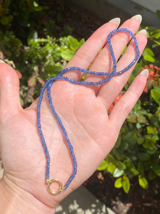 14k Gold Blue Sapphire Beaded Necklace With 14k Connector Charm 16.75”