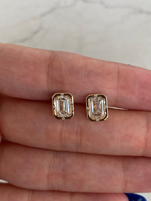 14K Gold Bezel-Set Emerald Cut Lab Diamond Stud Earrings — 2.21ctw