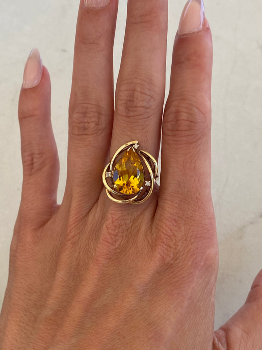 Vintage 14K Gold Pear Citrine & Diamond Ring