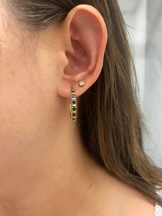Vintage 14K Gold Blue Sapphire & Diamond Hoop Earrings