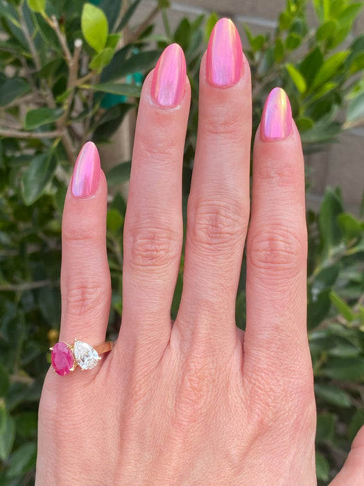 14K Gold Ruby & Pear Diamond Ring – 1 Carat Oval Ruby, 1 Carat Pear Lab Diamond, Size 4.75