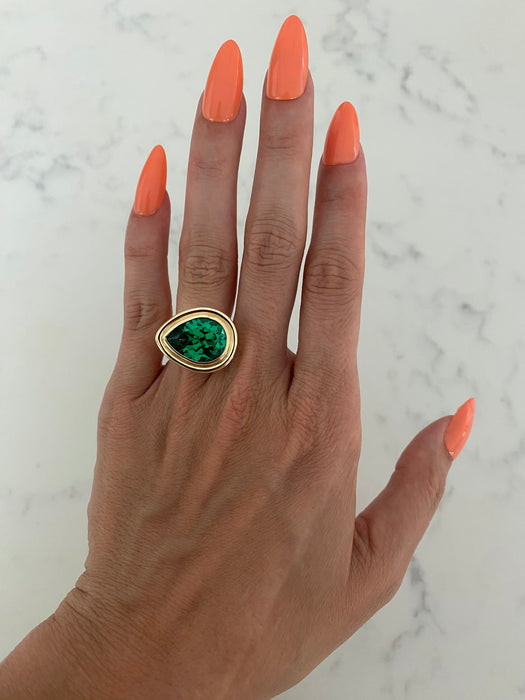 14K Gold Bezel-Set Lab Emerald Pear Pinky Ring