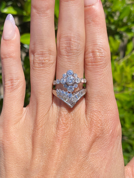 Vintage Platinum 900 Baguette & Diamond Chevron Ring