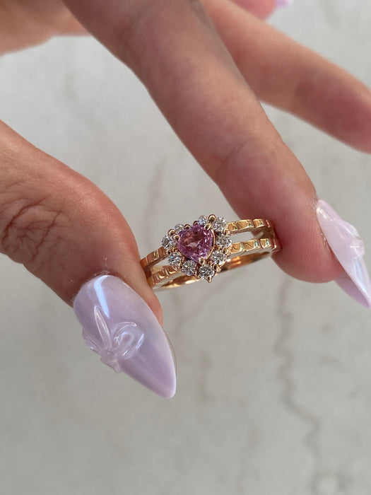 Vintage 18K Rose Gold Pink Sapphire Heart Ring with Diamond Halo – Size 7