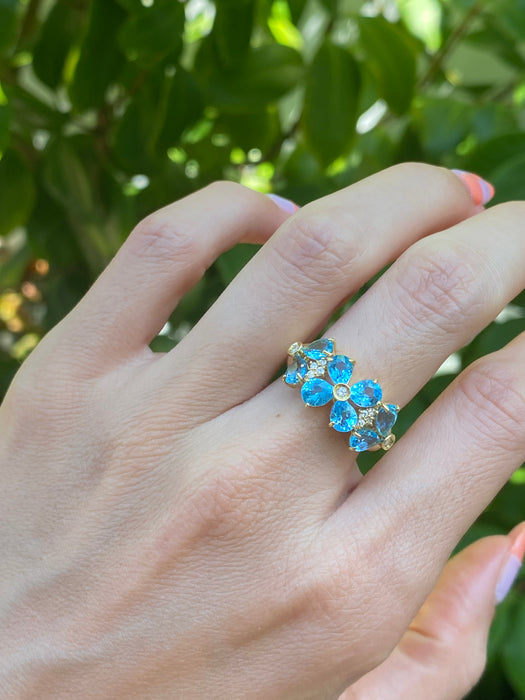 18k blue topaz diamond flower ring size 6