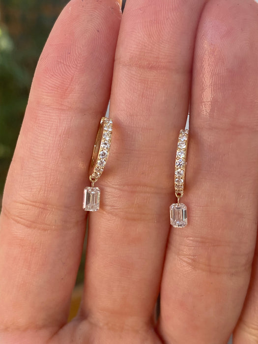 14K Gold Lab Diamond Huggie Earrings with Floating Emerald Cut Drop