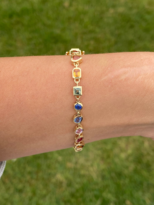 14K Gold Natural Rainbow Multi-Shape Sapphire Tennis Bracelet