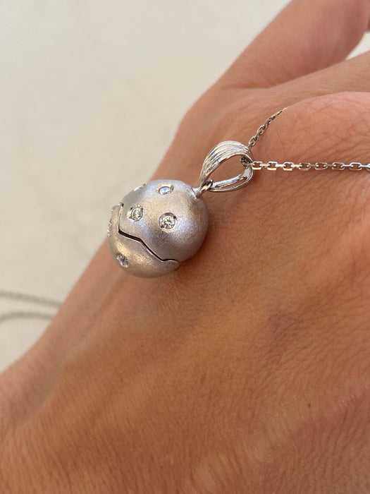 Vintage 18K White Gold Diamond Egg Charm Pendant – Opening Locket w/ Zircon Drop, 0.90 TCW