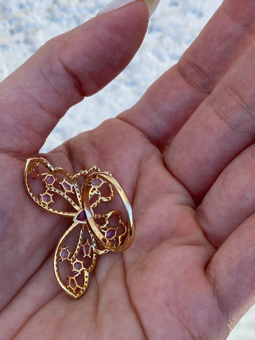 18K Gold Pink Sapphire Diamond Butterfly Ring