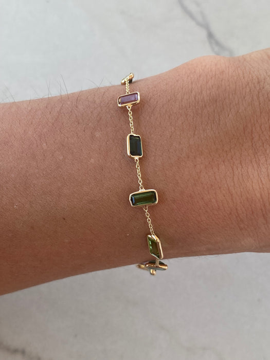 14K Gold Multicolor Tourmaline Station Bracelet