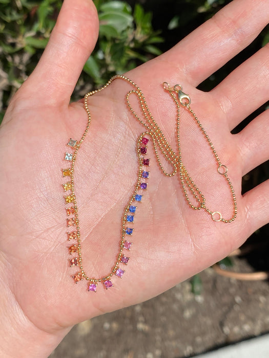 14K Gold Rainbow Sapphire Bead Necklace | 5 CTW Princess Cut Dangling Sapphires Adjustable 16-18”