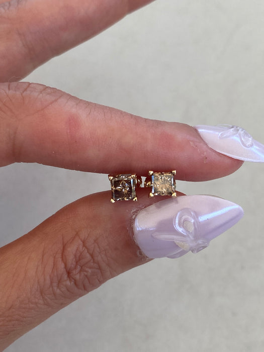 14K Gold Natural Brown Diamond Princess Stud Earrings