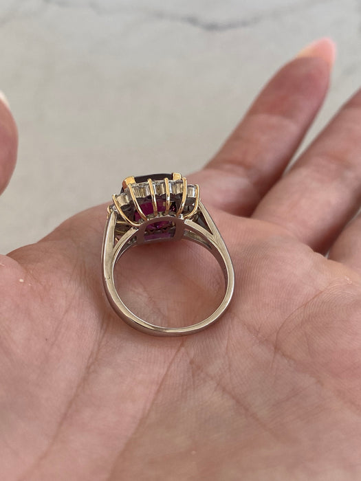 Vintage 18K & Platinum 900 Cushion-Cut Rhodolite Garnet & Diamond Ring