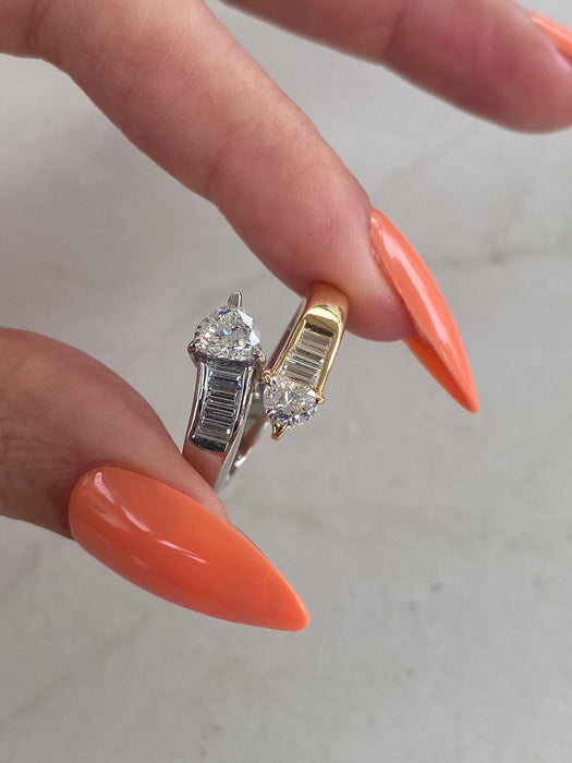 Vintage 18K Gold & Platinum Natural Heart Diamond Bypass Ring