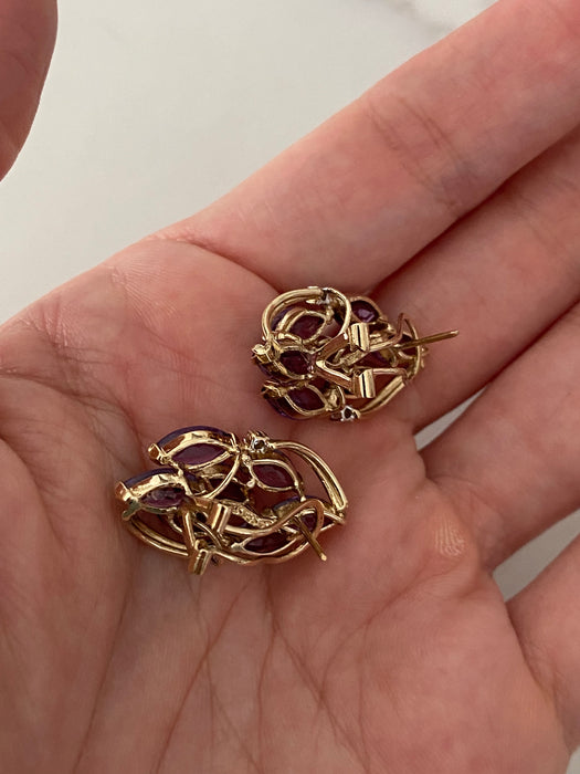 Vintage 14K Gold Marquise Amethyst & Diamond Earrings with Omega Backings