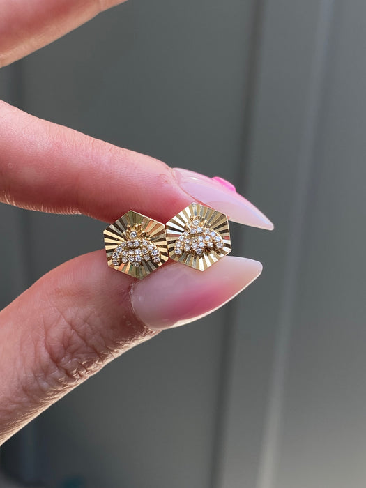 14K Gold Fluted Hexagon Diamond Bee Stud Earrings