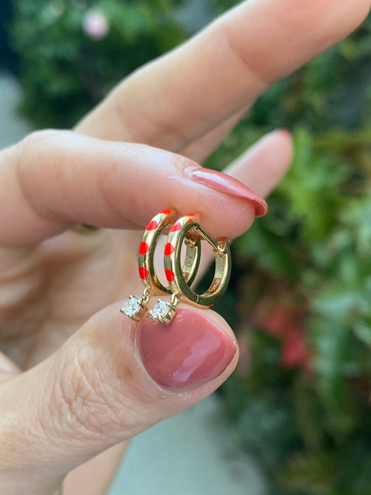 14k red enamel diamond huggies earrings