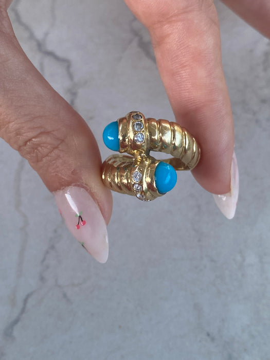 Vintage 14K Gold Turquoise & White Sapphire Bypass Ring