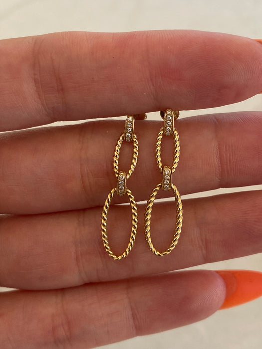 14K Gold Diamond Croissant Paperclip Drop Earrings