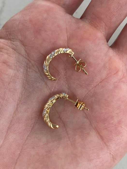 14K Gold Brushed Finish Diamond Croissant J Hoop Earrings