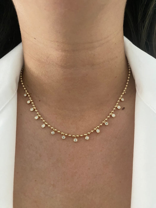 14k bead necklace with bezel set diamond charms