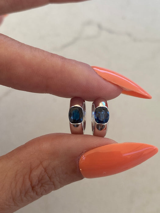 14K White Gold Blue Sapphire Huggie Hoop Earrings