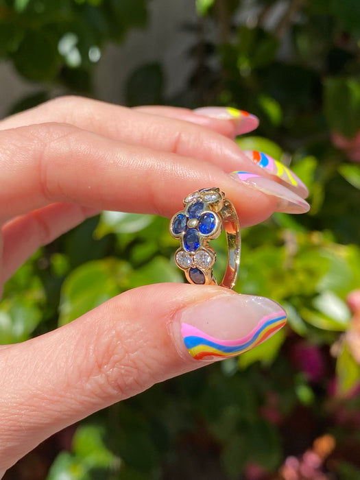 18k blue sapphire and diamond flower ring size 5