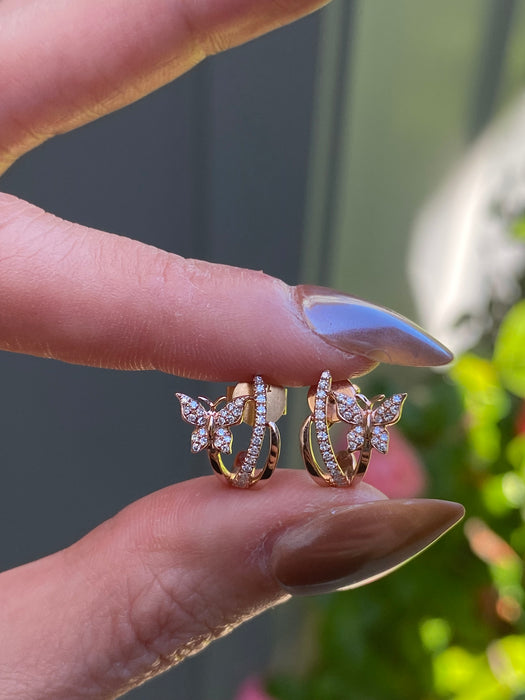 14k Rose Gold Diamond Butterfly J Huggie Earrings | Petite Diamond Huggies