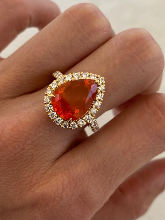 Vintage 18K Yellow Gold Fire Opal & Diamond Halo Ring