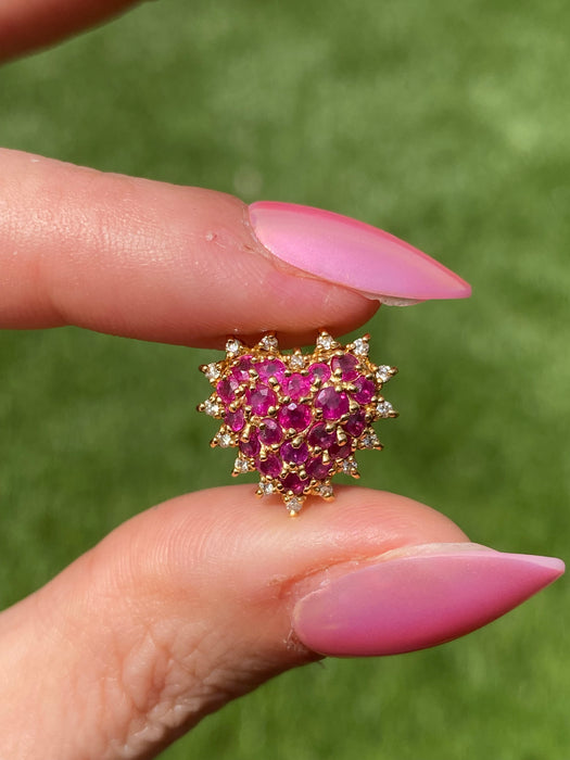 Vintage 18K Gold Ruby Diamond Heart Charm Pendant