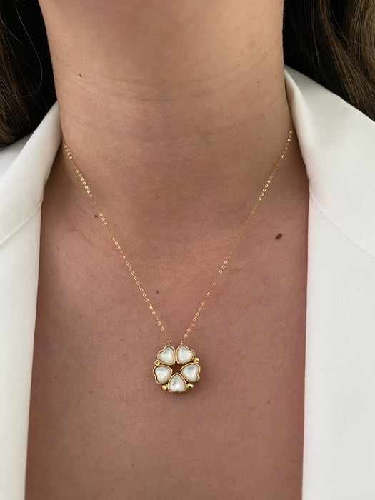 18k mother of pearl heart clover necklace