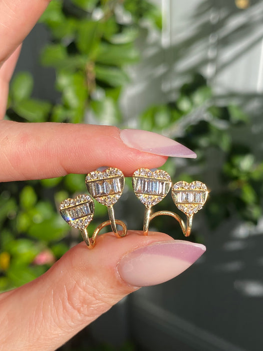 Vintage 18K Gold Diamond Double Heart Stud Earrings – 1 CTW Baguette & Round Diamonds