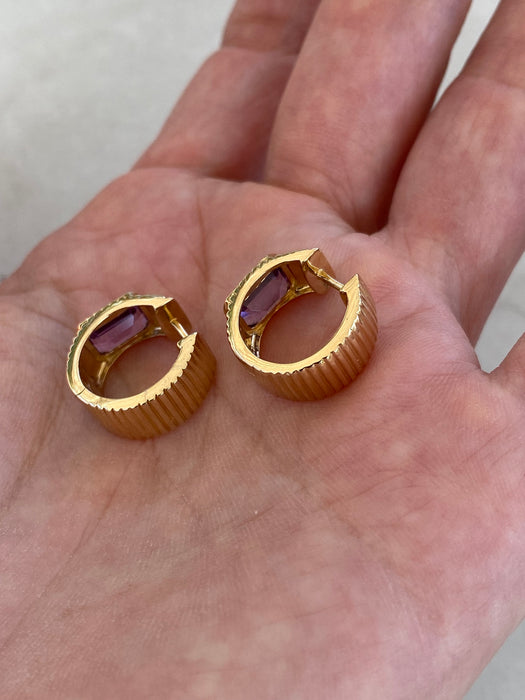 14K Gold Reversible Emerald Cut Amethyst Fluted Huggie Earrings