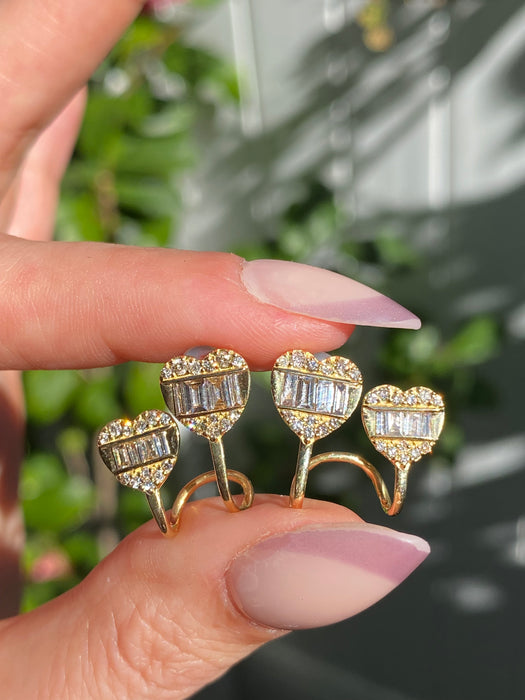Vintage 18K Gold Diamond Double Heart Stud Earrings – 1 CTW Baguette & Round Diamonds