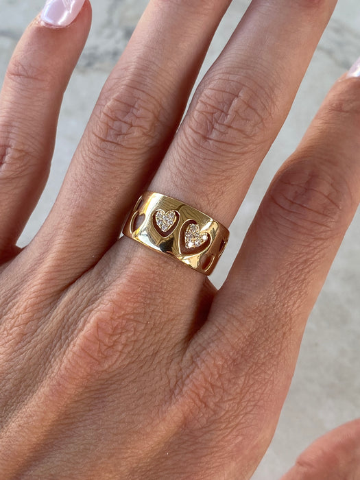 14K Gold Cigar Band Heart Cut Out Diamond Ring