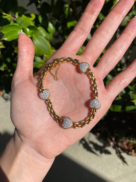 Vintage 18K Gold Panther Link Diamond Heart Bracelet