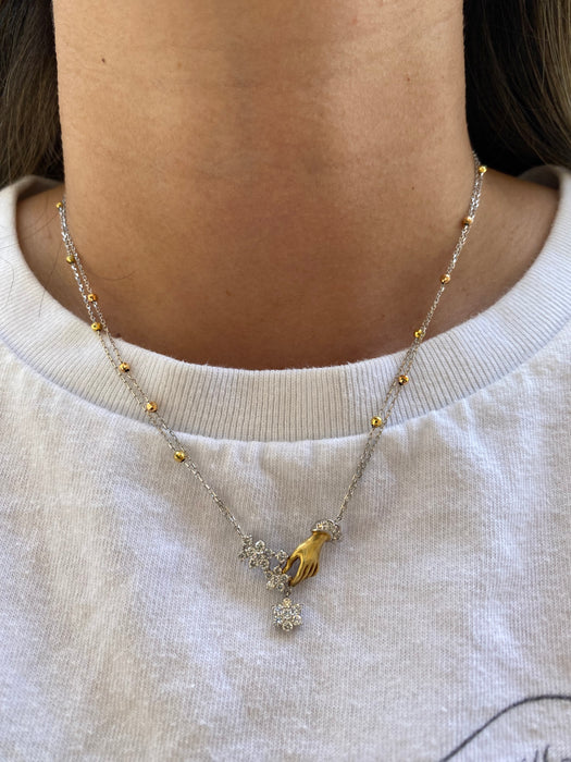 Vintage Two-Tone 18K Platinum 900 Diamond Hand & Flower Necklace