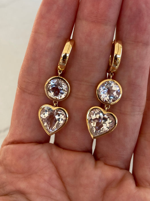 14K Gold Bezel Set White Topaz Heart Drop Huggie Earrings | 15.5 CTW White Topaz
