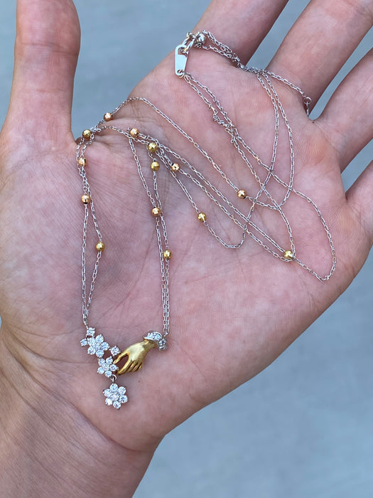 Vintage Two-Tone 18K Platinum 900 Diamond Hand & Flower Necklace
